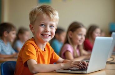 Smiling child uses laptop in classroom, peers involved in learning tech. Kids coding, study, explore digital world, develop skills. Education, innovation, future, fun, teamwork, study, workshop,