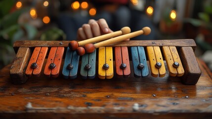 Vintage wooden xylophone resting on a rustic table.  Child's hand holding mallets