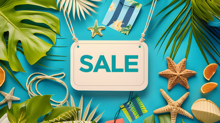 Summer Sale Banner with a white sign hanging on a rope, surrounded by tropical leaves, starfish, citrus fruits, and beach-themed decorations on a vibrant turquoise background. Vacation vibe concept.