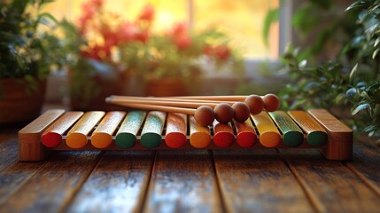 Colorful xylophone sits on wooden table by window, surrounded by plants