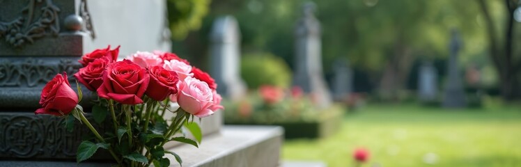 Red pink rose flower bouquet near gravestone in picturesque cemetery. Colorful blooms, floral arrangement in memorial park. Remembrance and mourning concept.