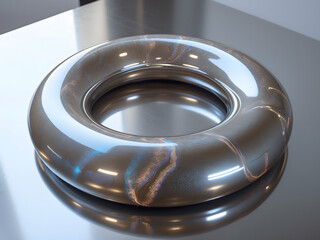 Elegant Torus Sculpture on Metallic Surface: A sophisticated torus sculpture with a lustrous metallic finish is displayed on a reflective metallic surface, bathed in soft, diffused light.