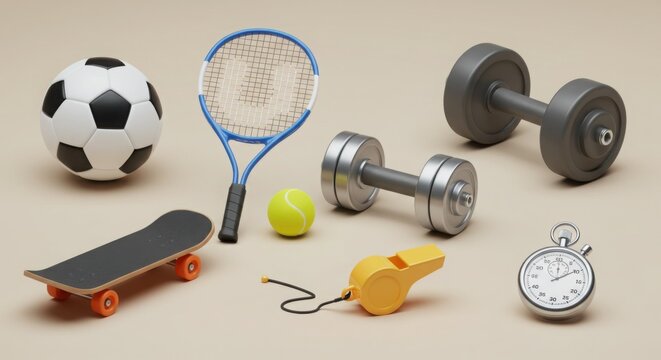 Set of 6 3D sports equipment soccer ball tennis racket dumbbell skateboard whistle stopwatch - Powered by Adobe