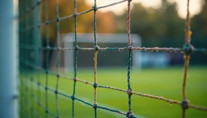 Soccer goal net, close-up view showing intricate netting and frame Perfect for sports themes , goal, match