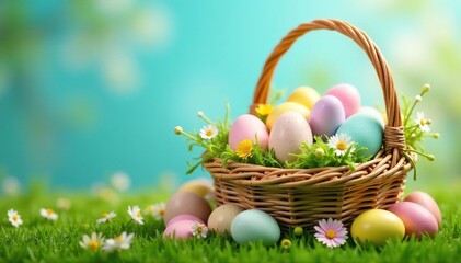 Colorful Easter eggs nestled in a spring basket overflowing with pastel flowers and green grass , spring flowers, flowers
