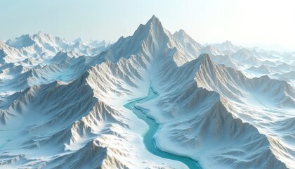 Illustration detailed topographic map of mountain terrain with rivers. Aerial view presents majestic peaks, snowy slopes. Conceptual design natural beauty, exploration, travel destination. Ideal for