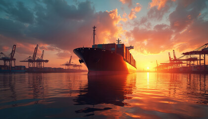 Cargo ship at sunset, golden hour. Majestic cargo vessel with containers. Vibrant sky reflects calm water. Industrial port with cranes. Shipping logistic, import export, global trade concept.