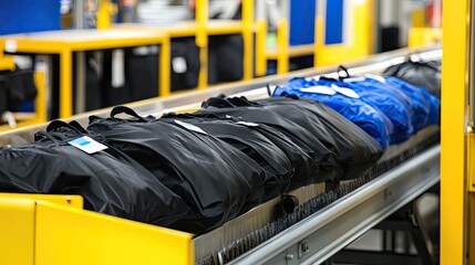 High-efficiency conveyor transporting packed clothing garments in polybags