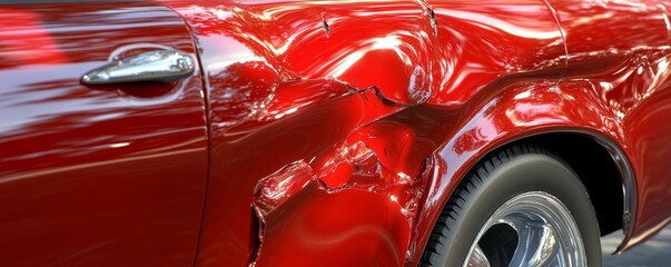 Close up of a damaged red car with a dented fender and visible tire and chrome door handle