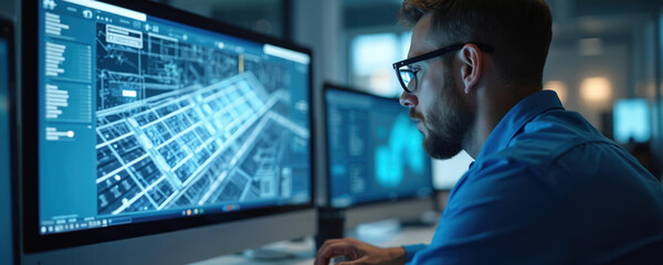 Engineer designs solar panel system using computer in office. Modern tech software on screen, blueprint of renewable energy system. Sustainable energy tech, eco solutions for a better future.