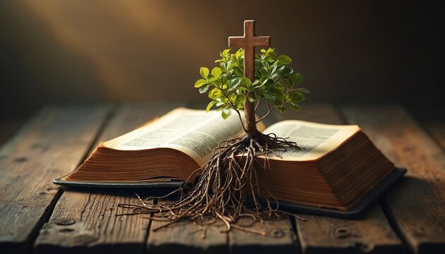 Cross with roots growing from open bible on wooden table. Symbol of faith, christianity, religion, hope, love, belief. Wooden cross on bible, religious symbol. Christianity, faith, spirituality