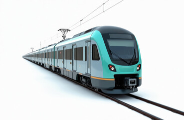 Naklejka premium Electric city train isolated on white background. Modern passenger railway transport, intercity travel. Long train composition from wagons, express commuter railway, modern vehicle on track. Rapid