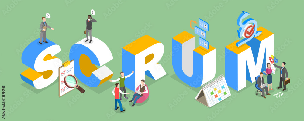 Poster 3d isometric flat vector illustration of scrum framework, enhancing team efficiency