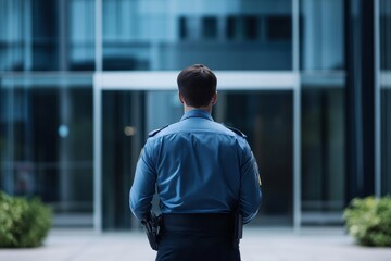 A security guard stands in front of a modern building with glass doors and green bushes outside