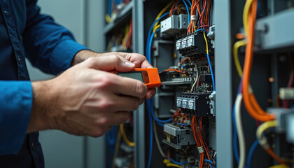 Electrician checks electrical circuits with voltage tester in building. Pro repairs power system, wiring. Technician checks cables, equipment, circuit board. Energy control, industry work, safety,