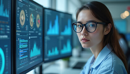 Researcher analyzes data on multiple computer screens displaying charts, graphs in modern lab. Young woman wears glasses. Science pro working on research, innovation new tech development. Business,