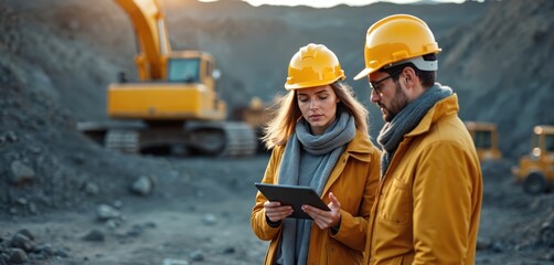 Female engineer, male worker discuss construction project at stone mining site. Team uses tablet, studies project details. Hard hats, heavy machinery in background. Sunny day. Civil engineering
