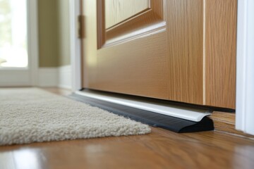 A close up view of a wooden door with a door sweep and a rug on a wooden floor inside a home