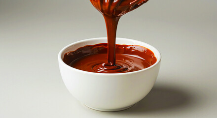 A stream of dark chocolate being poured into a white bowl on a plain background surface area here now