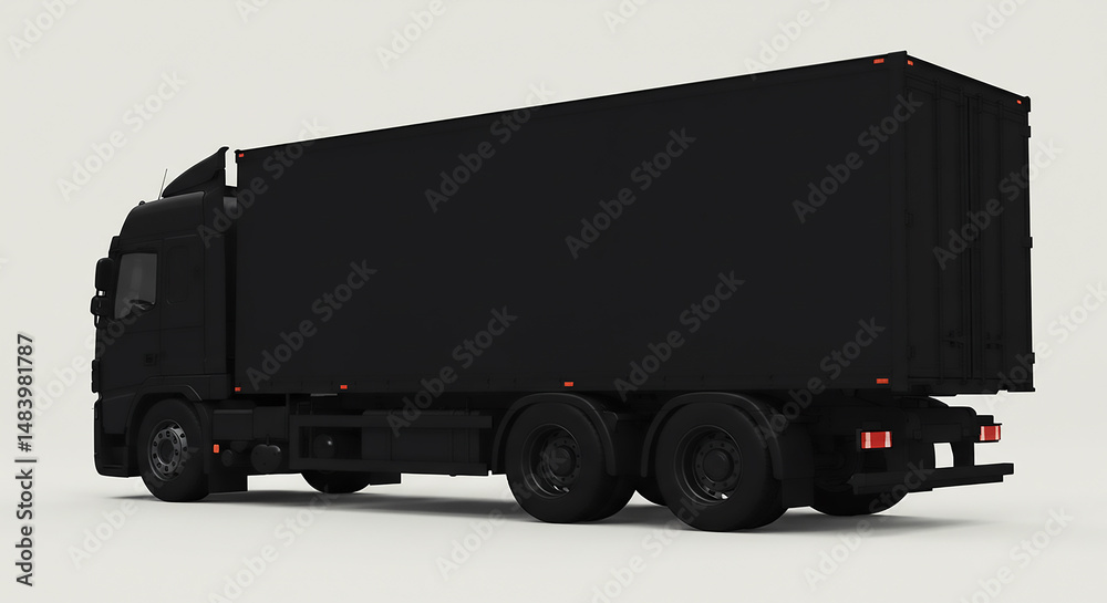 Fototapete a side view of a large black semi truck with a trailer on a white background in a studio setting