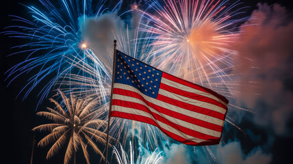 A dramatic photograph of fireworks exploding behind an American flag.