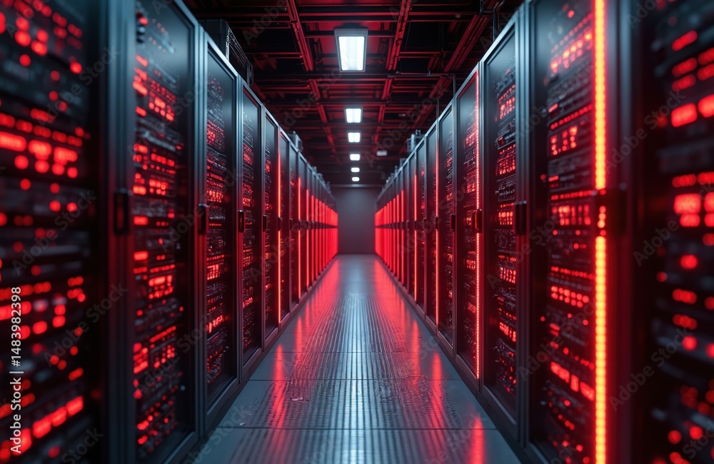 Poster modern data center with rows of servers. black cabinets with red glowing lights, advanced tech. digi