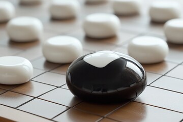 Close-up of a Go game in progress, featuring black and white stones on a wooden board