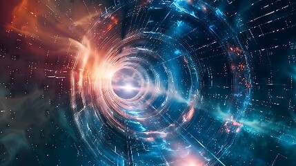 Obraz premium Abstract Digital Space Tunnel with Blue Orange Light and Cosmic Energy