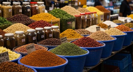 Fototapeta premium Colorful spice market display with various herbs and grains in baskets and jars