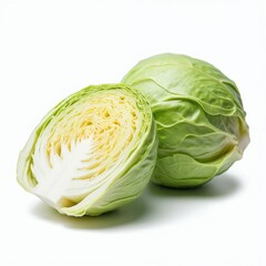 Fototapeta premium Fresh green cabbage, cut in half, shows a crisp texture and vibrant color on a white background. Ideal photo for culinary, cooking, food preparation, vegetarian diet, healthy lifestyle promotion.