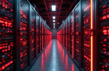 Modern data center with rows of servers. Black cabinets with red glowing lights, advanced tech. Digital infrastructure for data storage, high performance networking in server room.