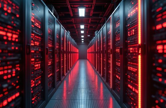 Modern data center with rows of servers. Black cabinets with red glowing lights, advanced tech. Digital infrastructure for data storage, high performance networking in server room.