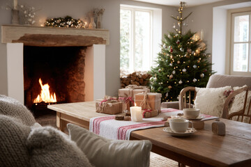 Obraz premium cozy christmas scene in warm living room featuring beautifully wrapped gifts under decorated tree