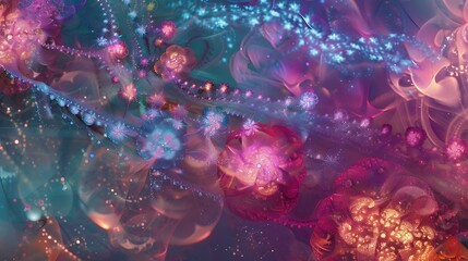 Abstract Floral Composition with Pink and Purple Hues on Dark Background with Glowing Sparkles