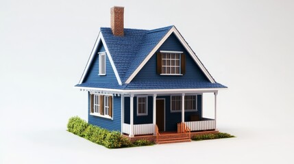 A blue model house with a brick chimney and a white porch on a white background with green bushes