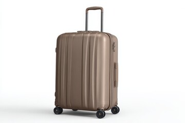 A stylish bronze-colored suitcase stands ready for travel.  Perfect for a weekend getaway or a longer trip!