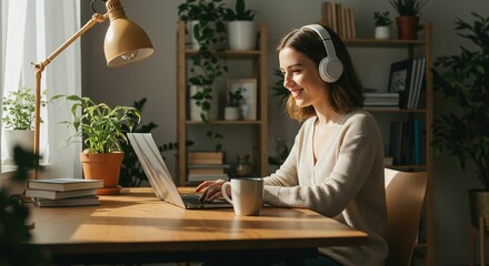 Woman working in a cozy home office with headphones.