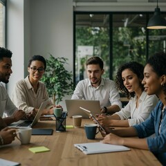 Diverse team collaborating in modern office.