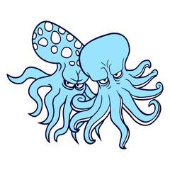 2 Evil Octopus Squid Cephalopod Team Underwater Isolated Vector Graphic Design Illustration
