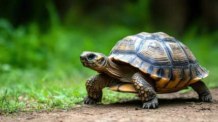 Fototapeta premium Tortoise moving over grass in a natural setting