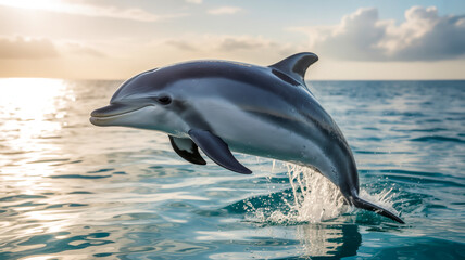 Fototapeta premium A dynamic photograph of a bottlenose dolphin leaping from blue ocean waters