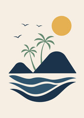 minimalist and geometric beach illustration, flat design. beige background, blue green yellow colors. the sea, waves, trees, seagulls. artprint