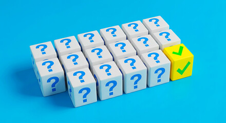 Rows of white cubes with question marks and one yellow cube with check marks on a blue background