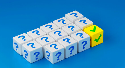 Arrangement of white cubes with question marks and one yellow cube with check marks on blue surface