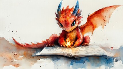 Adorable dragon studying, small and cute