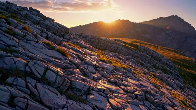 Majestic mountain sunset scene with golden sunlight on rocky landscape