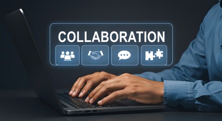 Person typing on a laptop with a collaboration graphic overlayed on the screen showing teamwork