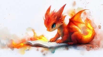 Adorable fiery dragon writing in a notebook