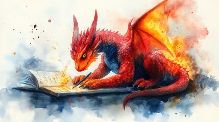 Tiny red dragon meticulously writing in an open book