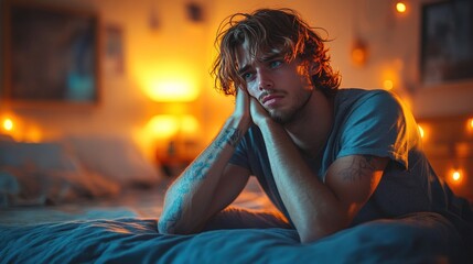 Pensive young man sits on a bed, lost in thought